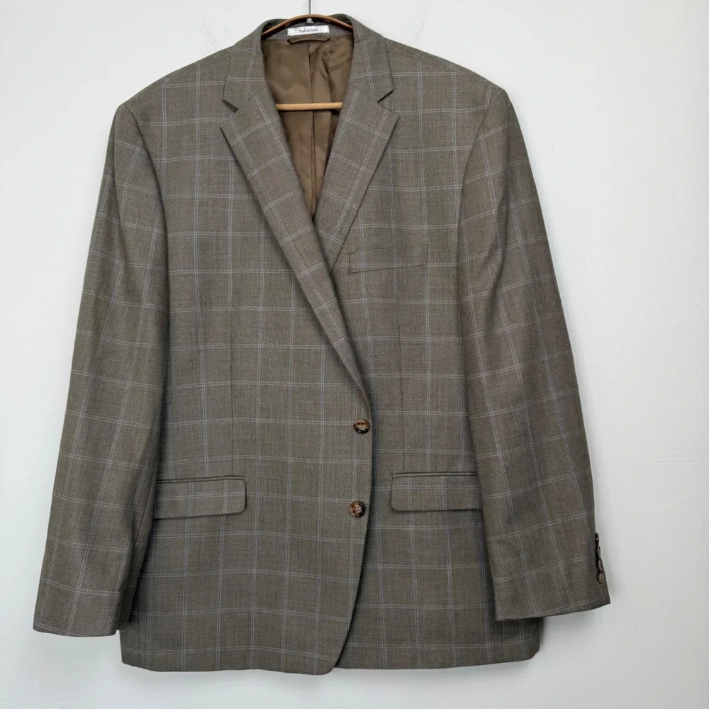 Lauren Ralph Lauren Mens 50R Silk Wool Windowpane Plaid Blazer Sport Coat Brown